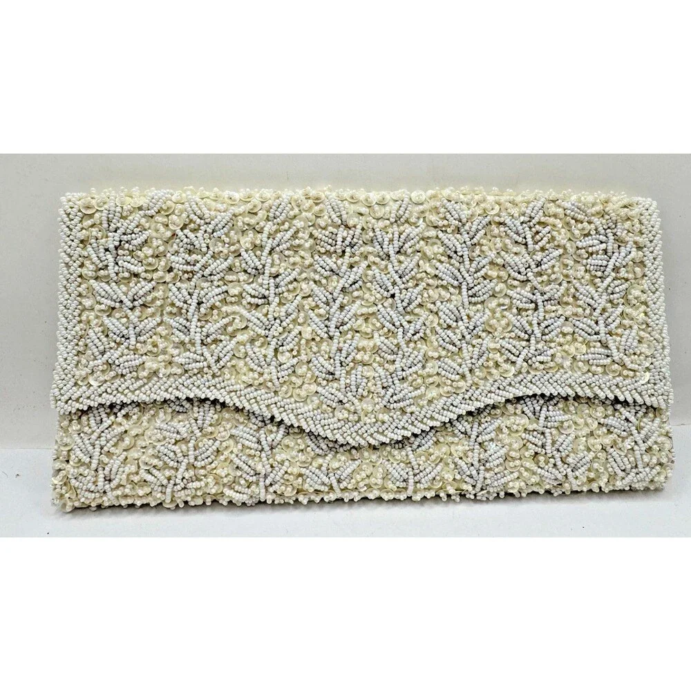 Vintage LA REGALE LTD. BEADED EVENING BAG Cream & White COLOR CLUTCH Hand Made